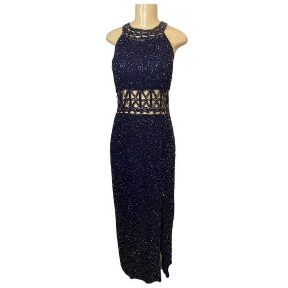 Scala Womens Beaded Sequin Maxi Dress Vintage Blue Silk Formal Evening Gown XXL - Picture 2 of 16